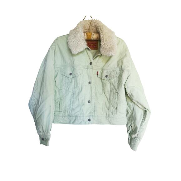 Levis Womens Cropped Corduroy Trucker Jacket Sherpa Lined Collar XS Mint Green - Picture 4 of 15